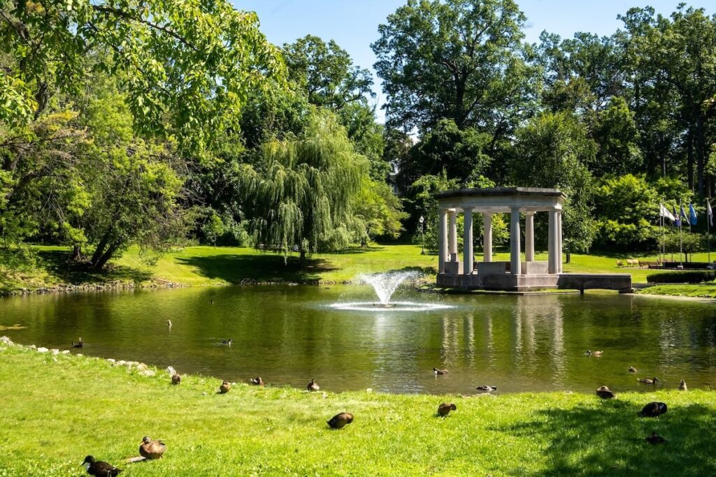 A pond with ducks, a central fountain, and a white gazebo surrounded by green grass and trees under a clear blue sky.