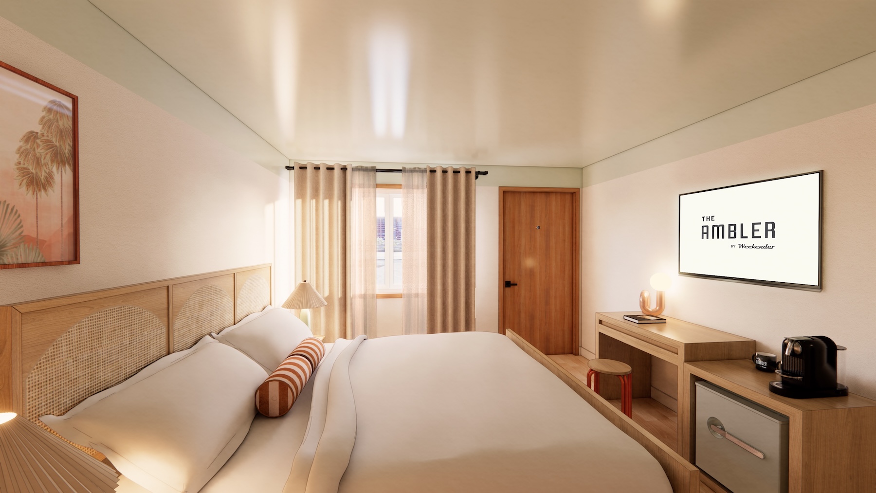 A neatly made bed in a modern hotel room with light wood furniture, a TV displaying 