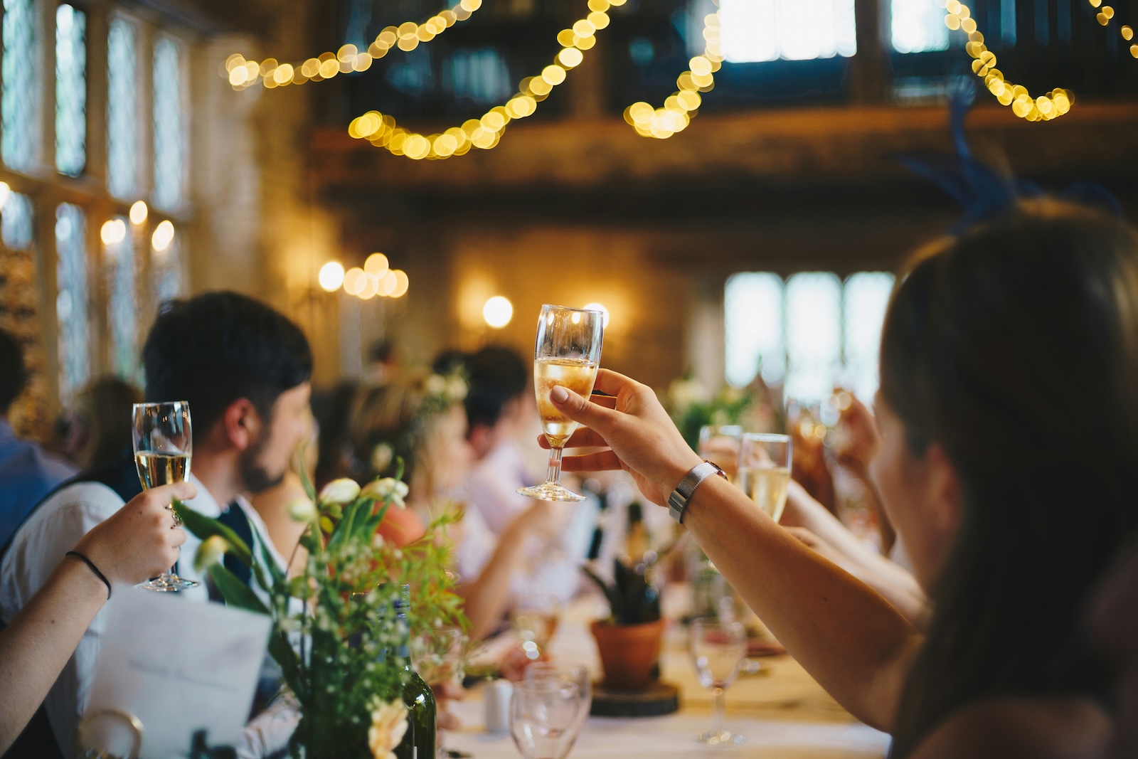 People seated at a decorated table raise glasses in a toast during a festive indoor gathering with string lights overhead.