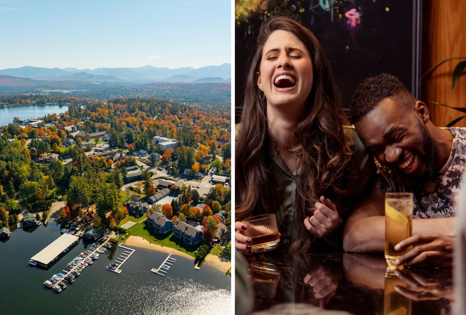 Split image: Left side shows an aerial view of Saratoga Springs, with its lakeside town, docks, and forested hills; right side captures two people laughing and holding drinks on Bonus Night at a lively bar.